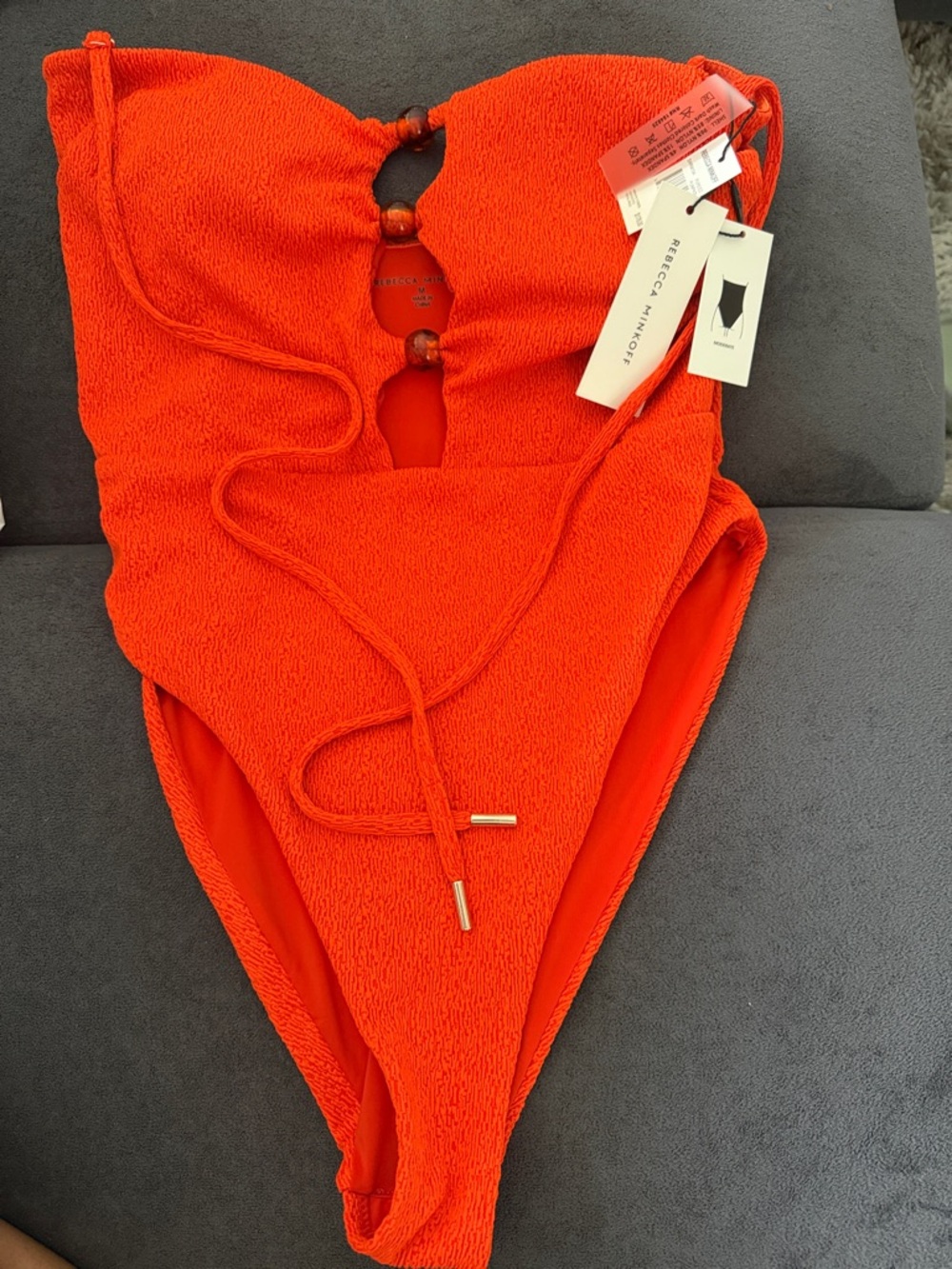 Rebecca Minkoff Vibrant Orange Textured One-Piece Swimsuit with Bead Accents